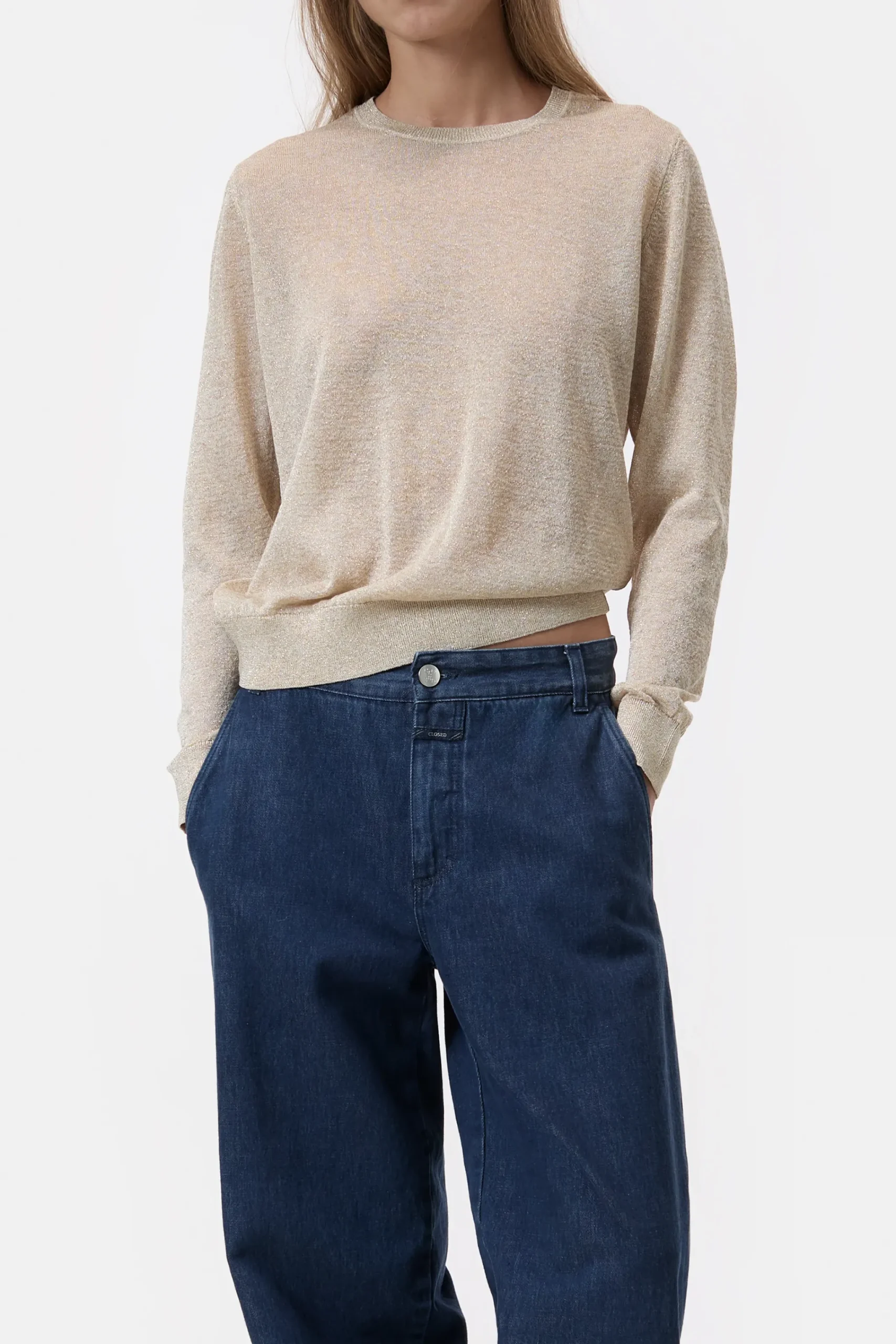 Closed Strick*Rundhalspullover in Lurex-Optik Pearlbeige